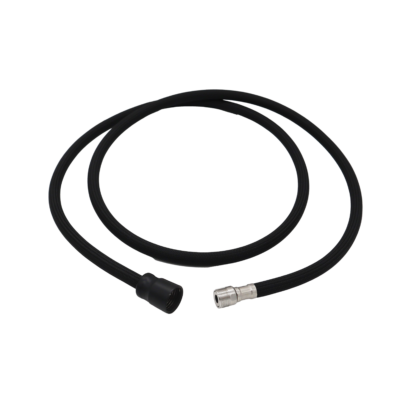 Black nylon hose with polished chrome faucet connection and matte black spray head connection.