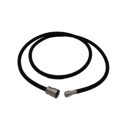 Black nylon hose with polished chrome faucet connection and brushed nickel spray head connection.