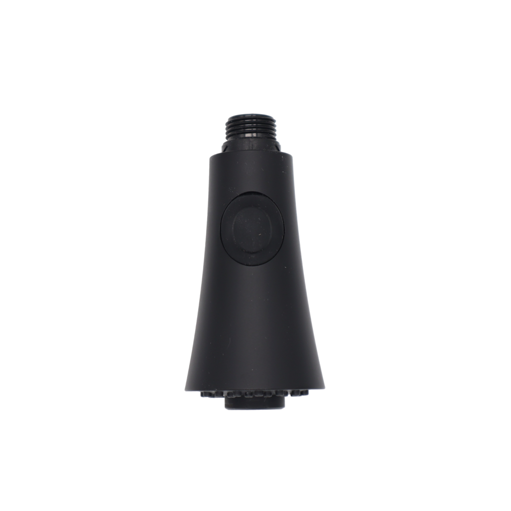 Matte black plastic sprayhead with balck rubber button black plastic house connection and black sprayface.