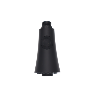 Matte black plastic sprayhead with balck rubber button black plastic house connection and black sprayface.