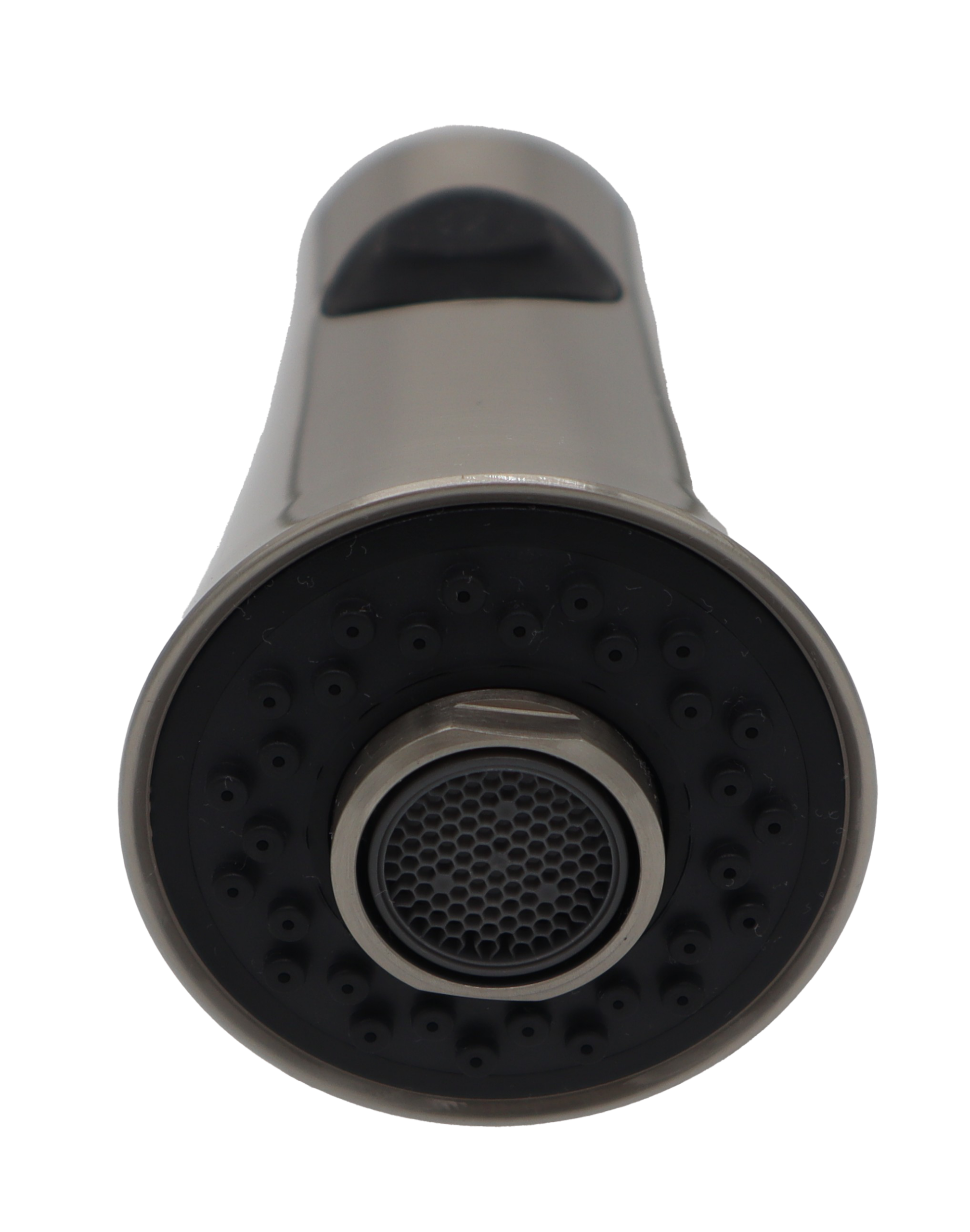 Brushed nickel spray head with black rubber button with black plastic hose connection and black spray face.