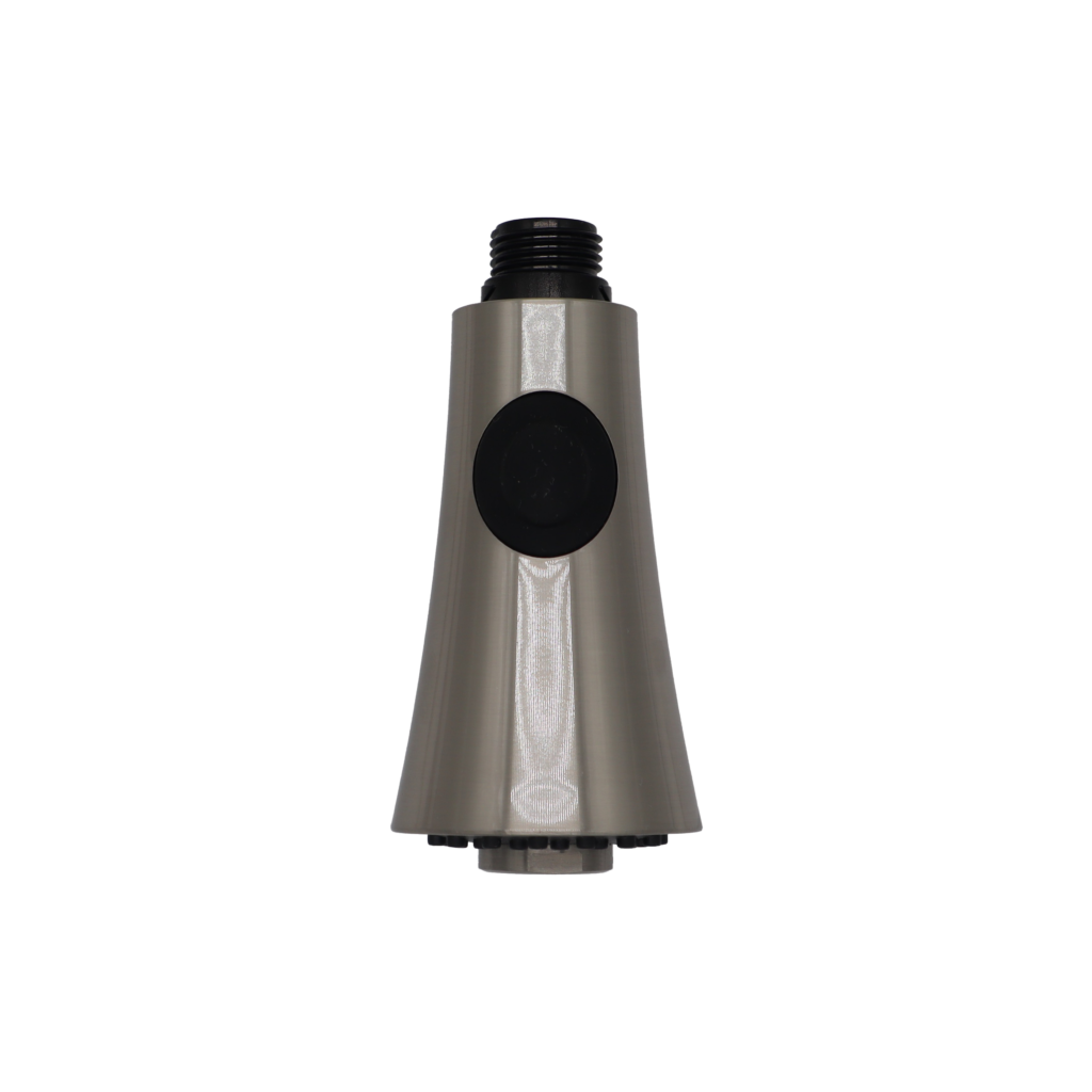 Brushed nickel spray head with black rubber button with black plastic hose connection and black spray face.