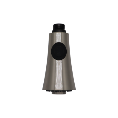 Brushed nickel spray head with black rubber button with black plastic hose connection and black spray face.