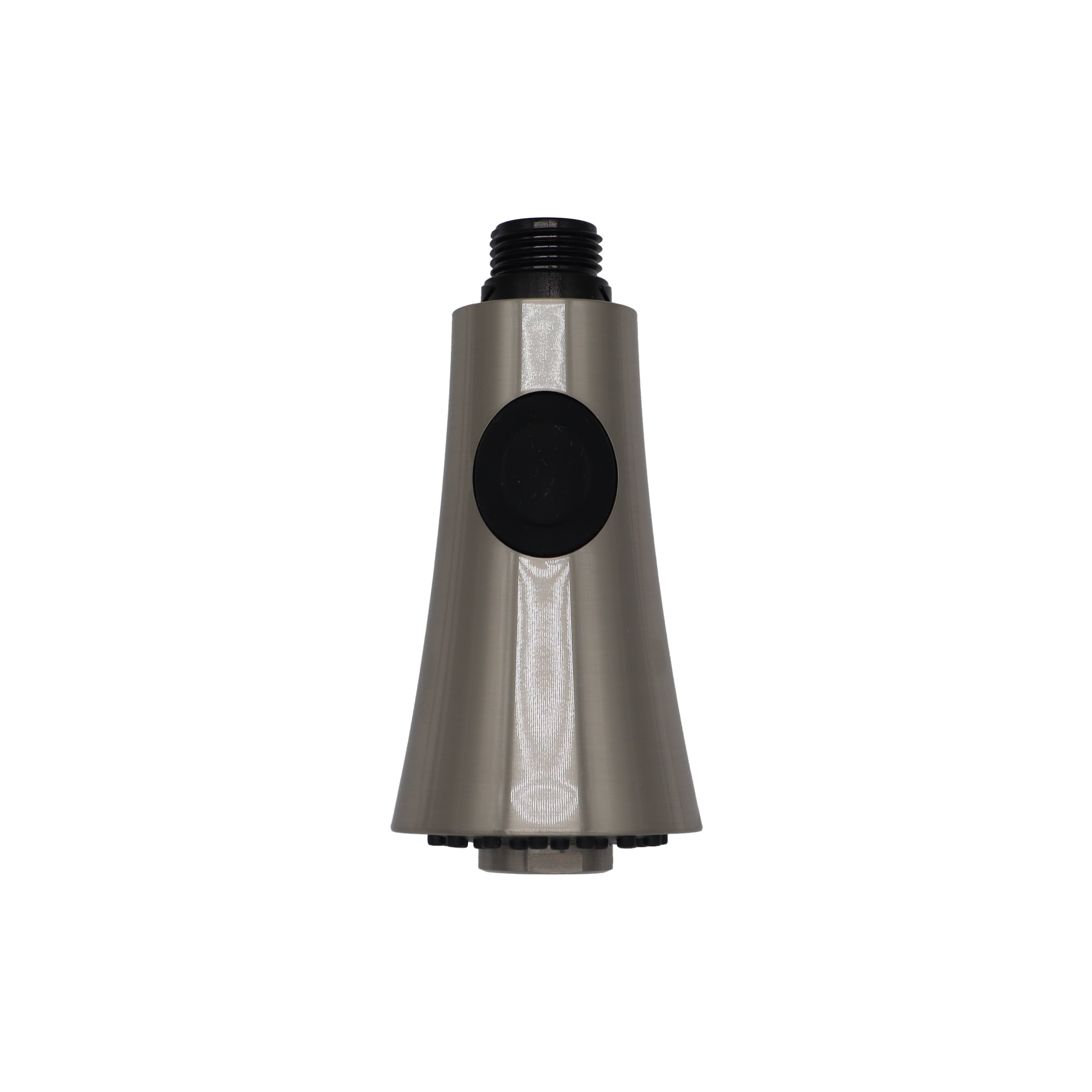 Brushed nickel spray head with black rubber button with black plastic hose connection and black spray face.