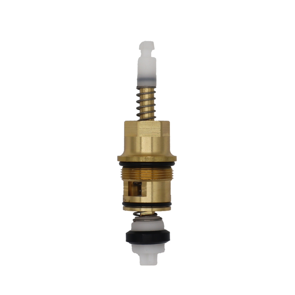 Bright brass cartridge with white plastic broach and seat with stainless springs and black rubber o-rings.