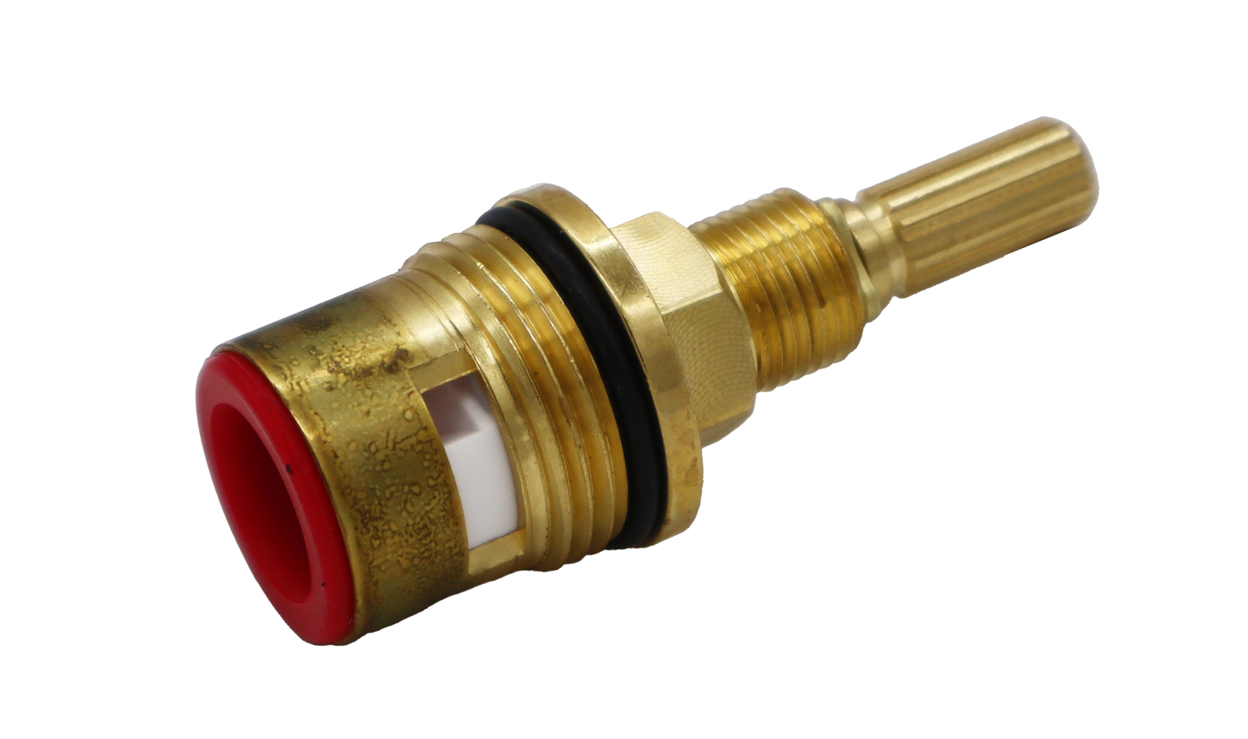 Bright brass cartridge with black rubber o-ring white ceramic discs and red rubber seal.