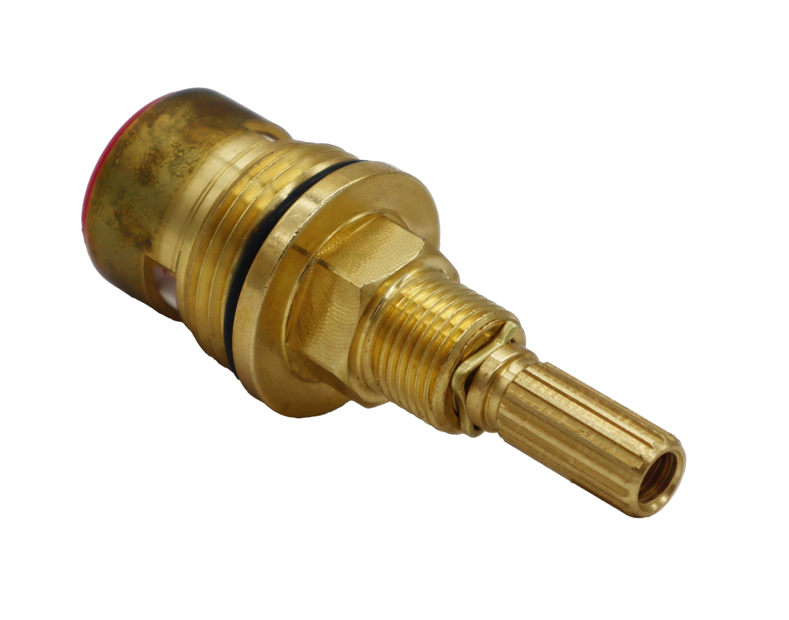 Bright brass cartridge with black rubber o-ring white ceramic discs and blue rubber seal.