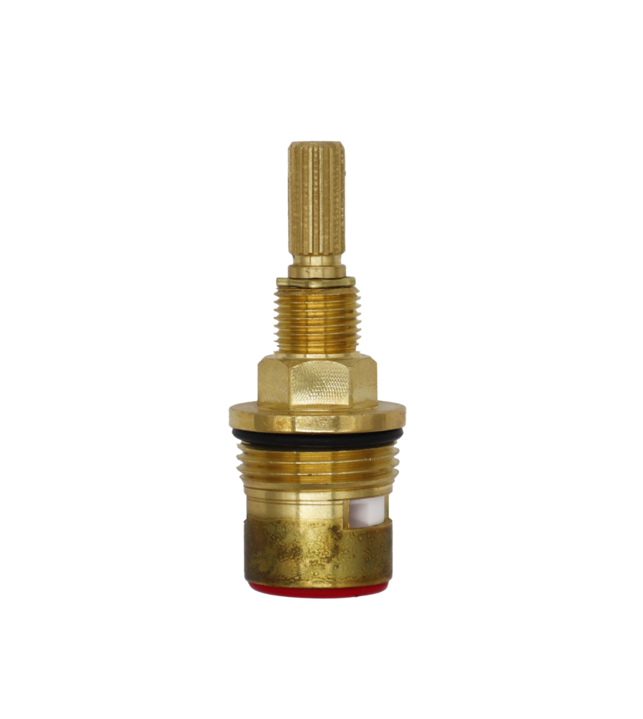 Birght brass cartridge with black rubber o-ring white ceramic discs and red rubber seal.