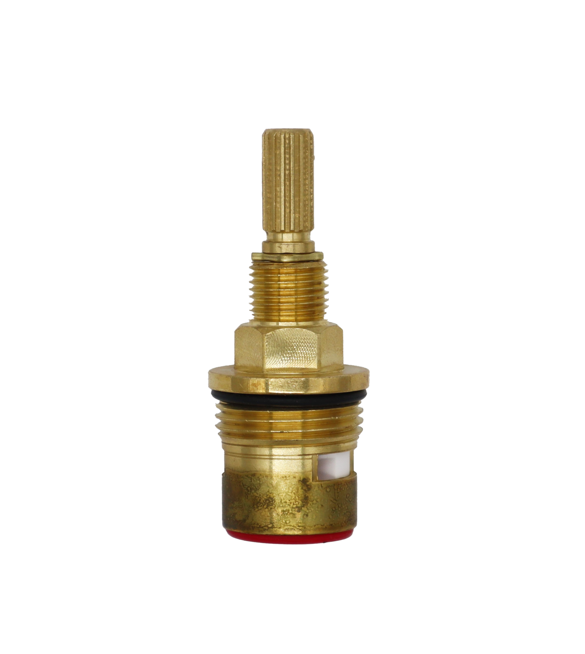 Birght brass cartridge with black rubber o-ring white ceramic discs and red rubber seal.