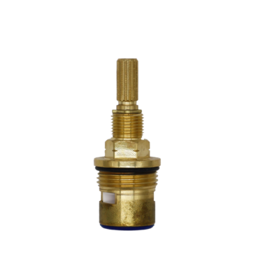 Bright brass cartridge with black rubber o-ring white ceramic discs and blue rubber seal.