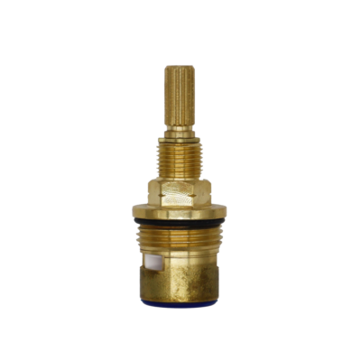 Bright brass cartridge with black rubber o-ring white ceramic discs and blue rubber seal.