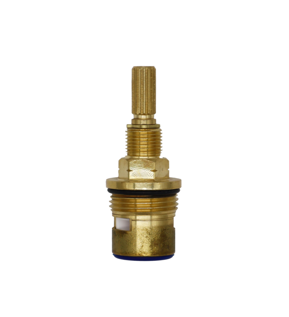 Bright brass cartridge with black rubber o-ring white ceramic discs and blue rubber seal.