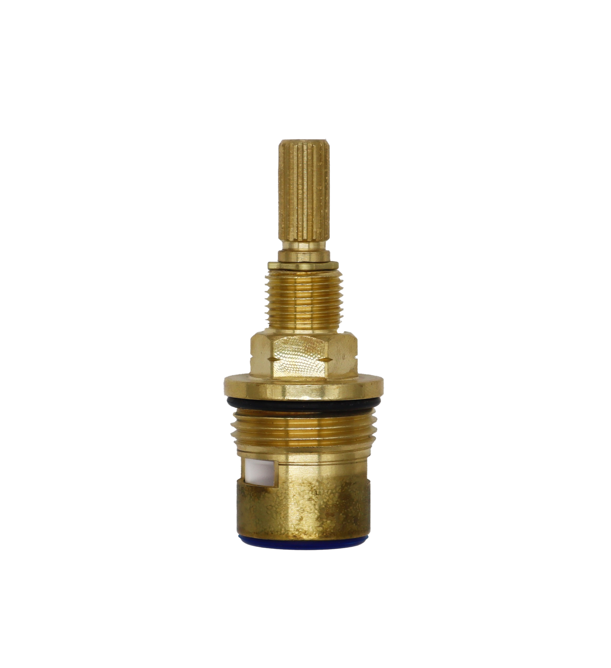 Bright brass cartridge with black rubber o-ring white ceramic discs and blue rubber seal.