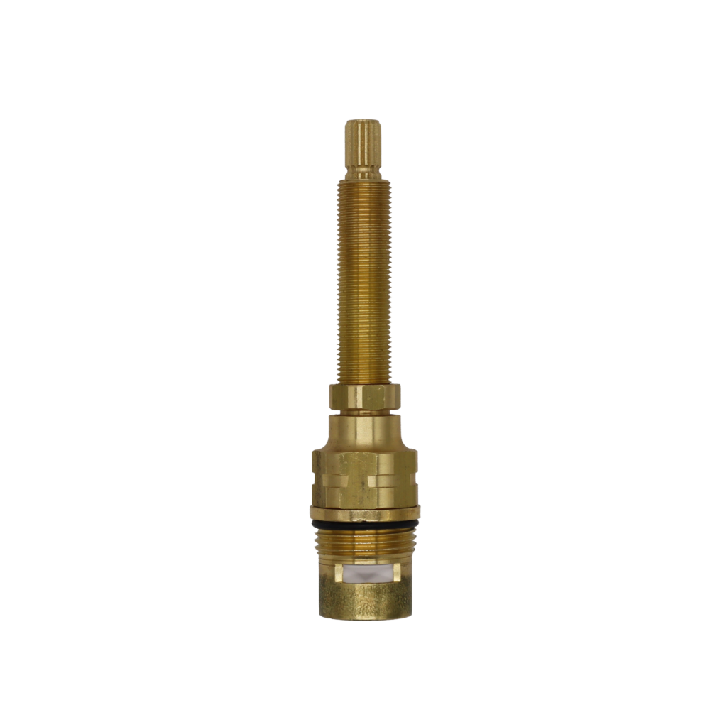 Bright brass cartridge with white ceramic discs black rubber o-ring and white rubber seal.