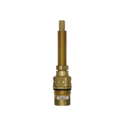 Bright brass cartridge with white ceramic discs black rubber o-ring and white rubber seal.