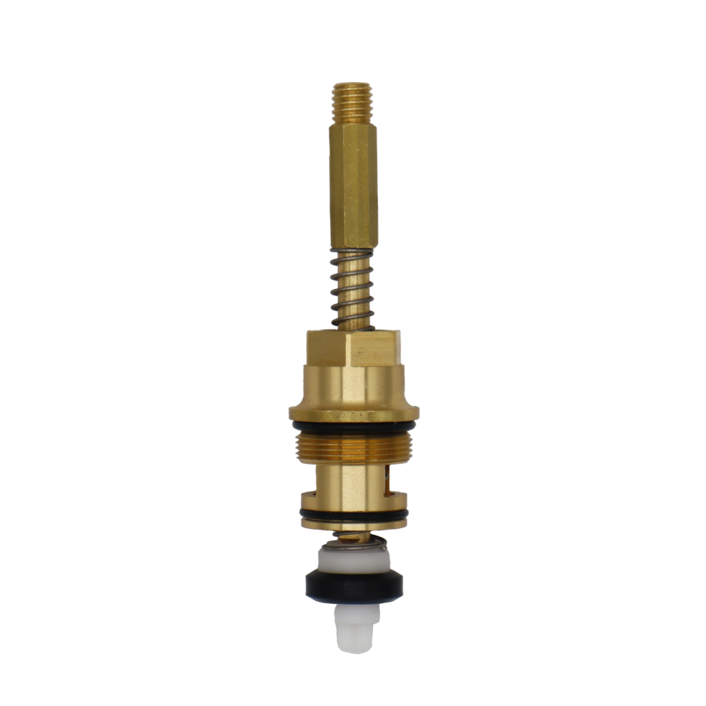 Bright brass cartridge with plastic seat black rubber o-rings and stainless steel springs.