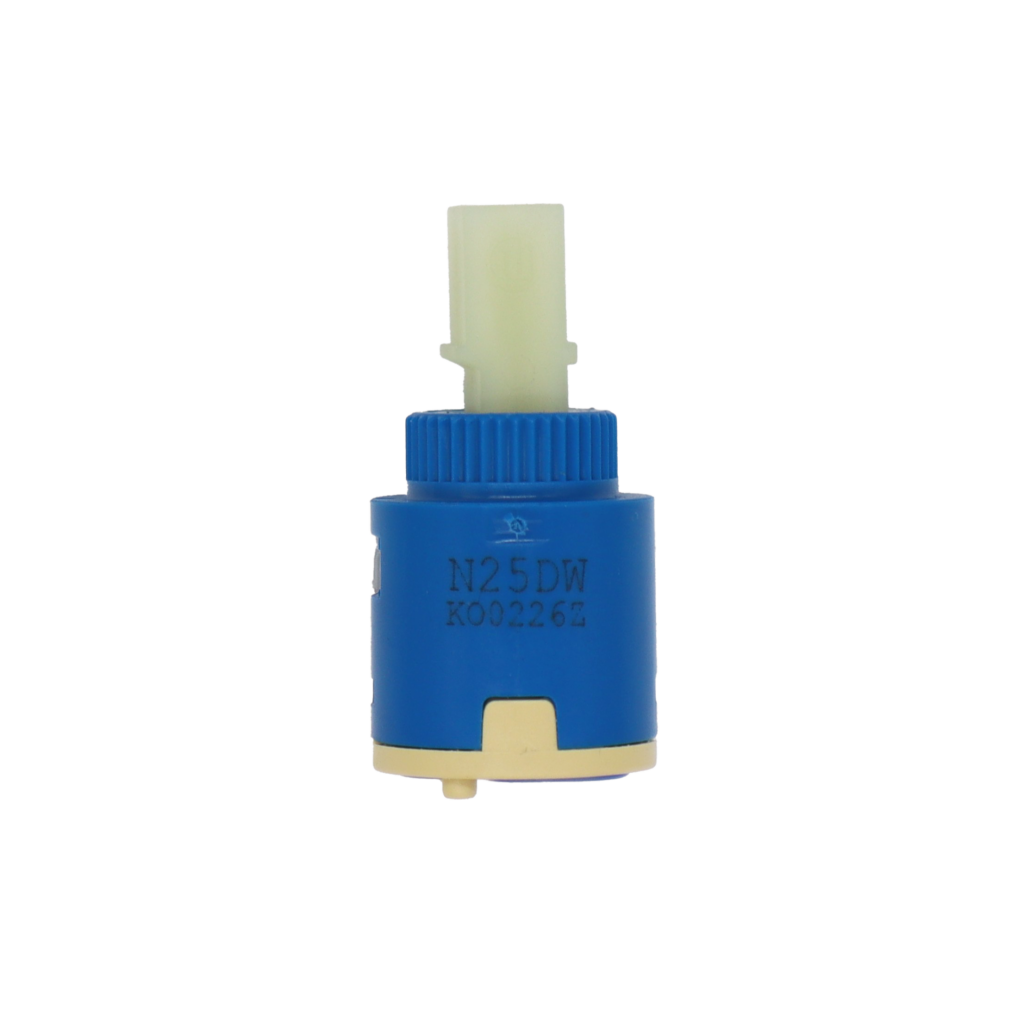 Blue & tan plastic cartridge with white square plastic handle connection with blue rubber seal.