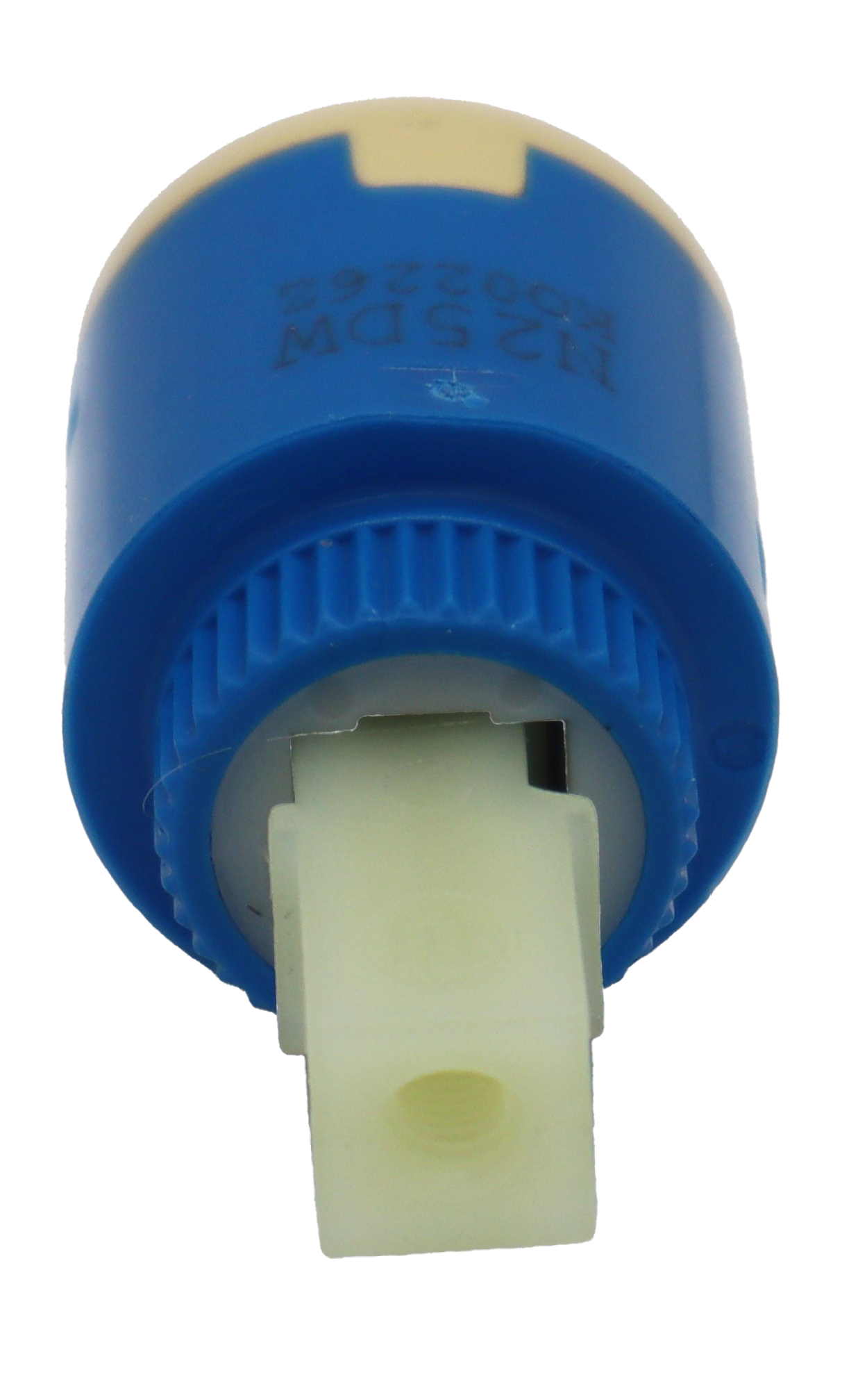 Blue & tan plastic cartridge with white square plastic handle connection with blue rubber seal.