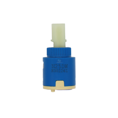 Blue & tan plastic cartridge with white square plastic handle connection with blue rubber seal.