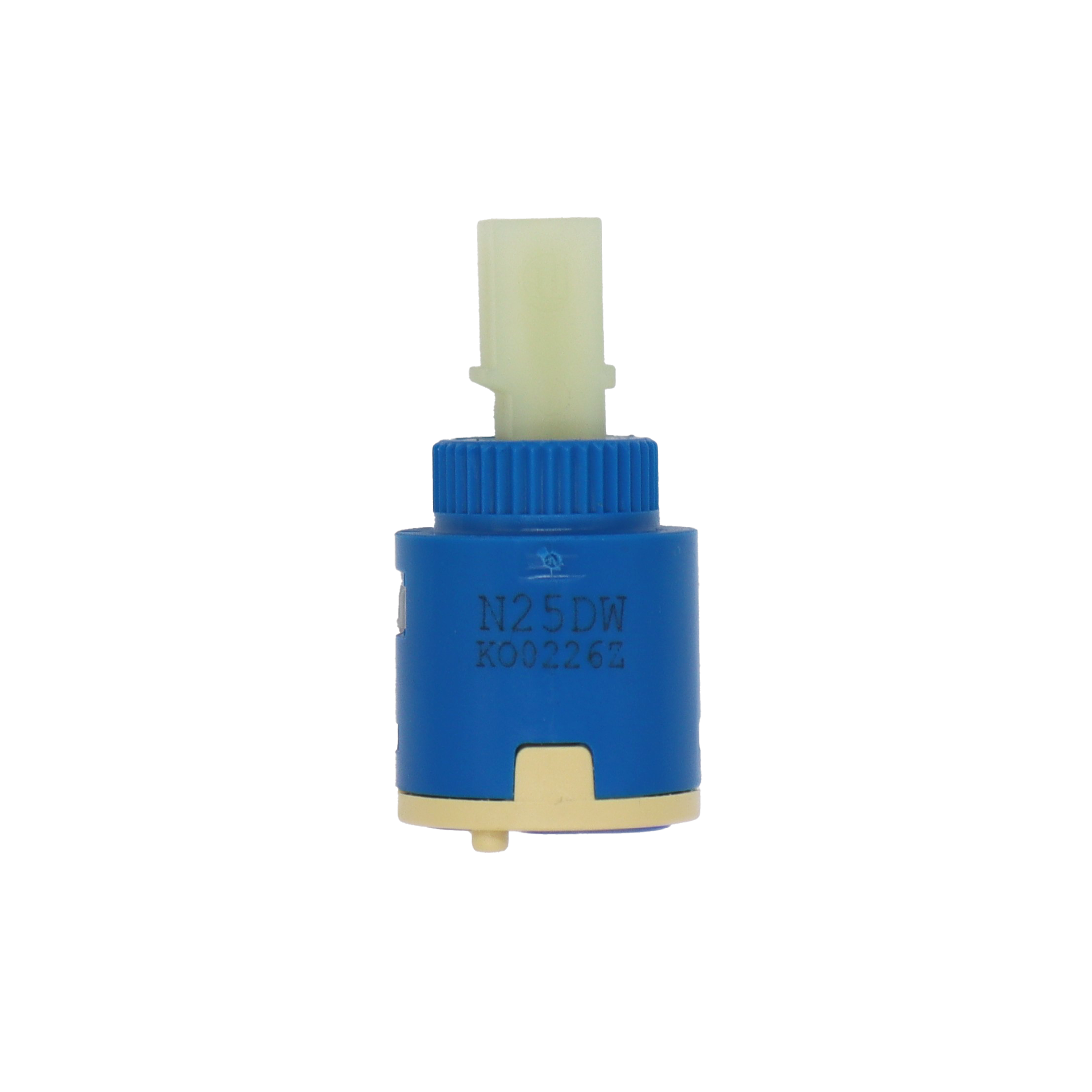 Blue & tan plastic cartridge with white square plastic handle connection with blue rubber seal.