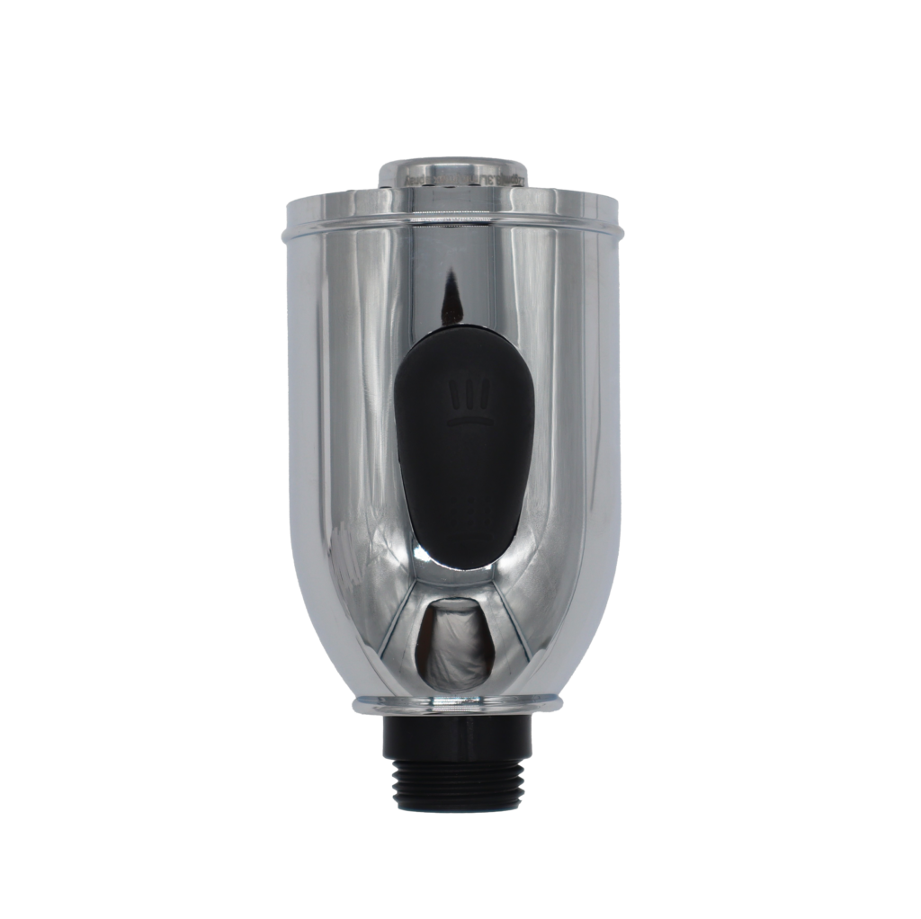 Chrome plated spray head with black button spray face and hose connection.