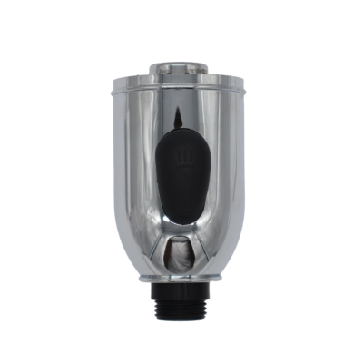 Chrome plated spray head with black button spray face and hose connection.