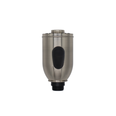 Brushed nickel spray head with black button spray face and hose connection.