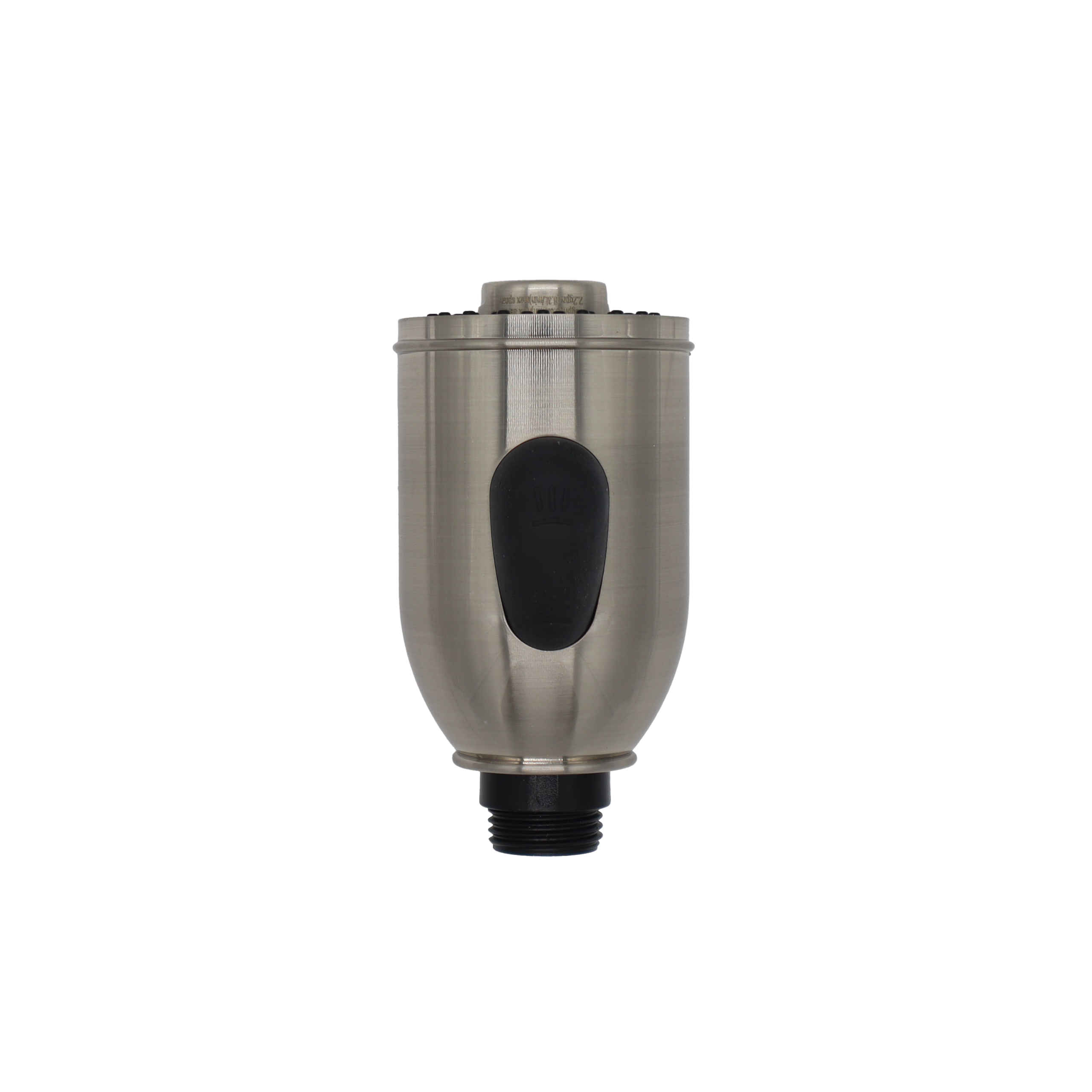 Brushed nickel spray head with black button spray face and hose connection.