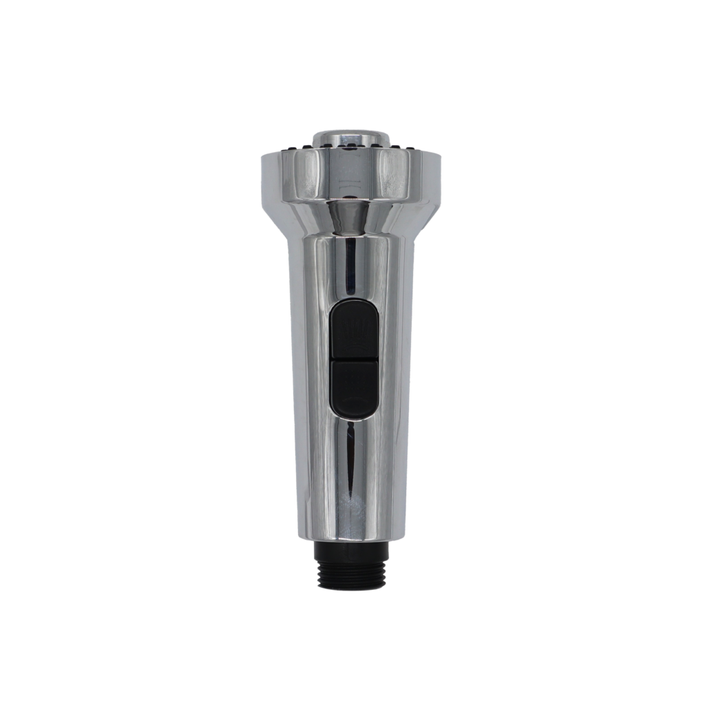 Chrome plated spray head with black buttons chrome aerator and black plastic hose connection.