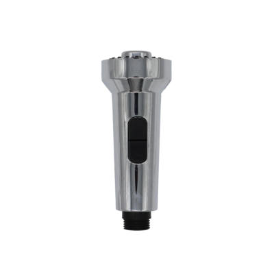 Chrome plated spray head with black buttons chrome aerator and black plastic hose connection.