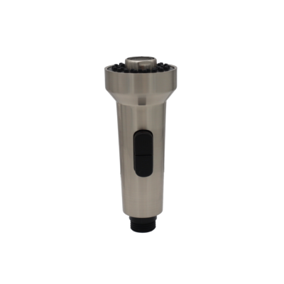 Brushed nickel spray head with 2 black buttons brushed nickel aerator with black plastic hose connection.