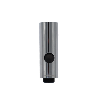 Polished chrome spray head with black plastic spray face button and handle connection.