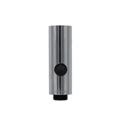 Polished chrome spray head with black plastic spray face button and handle connection.