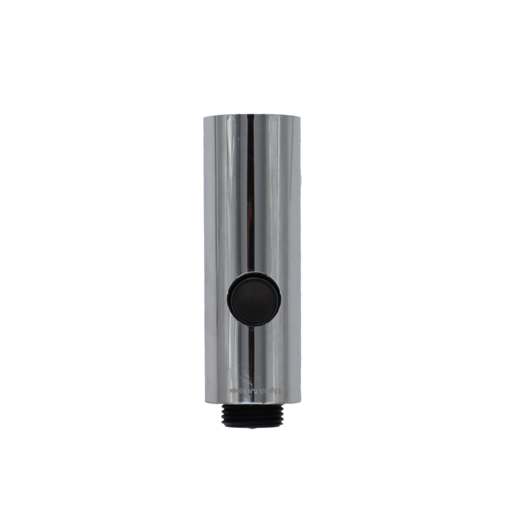 Polished chrome spray head with black plastic spray face button and handle connection.
