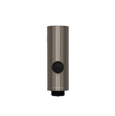 Brushed nickel spray head with black plastic spray face button and handle connection.