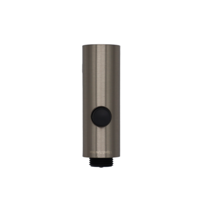 Brushed nickel spray head with black plastic spray face button and handle connection.