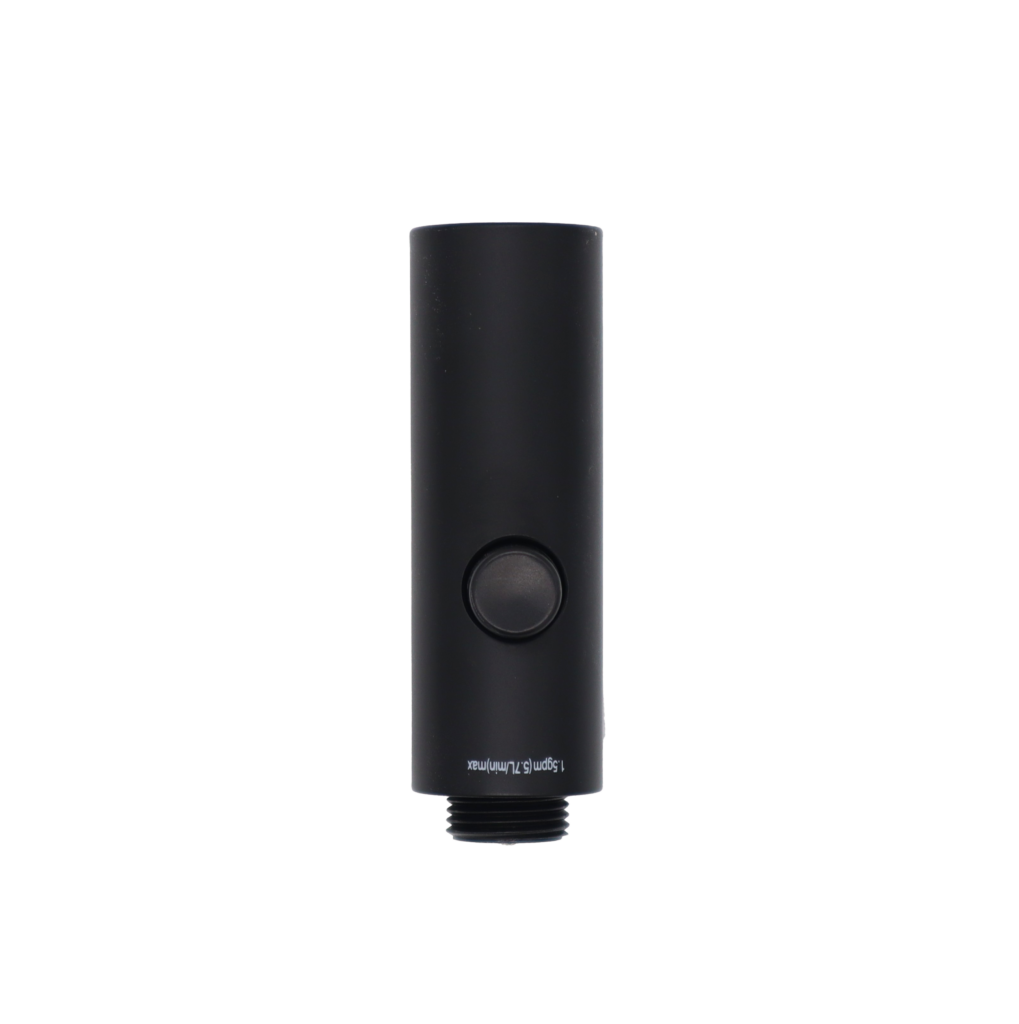 Matte black spray head with black plastic button and hose connection.