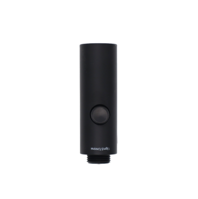 Matte black spray head with black plastic button and hose connection.