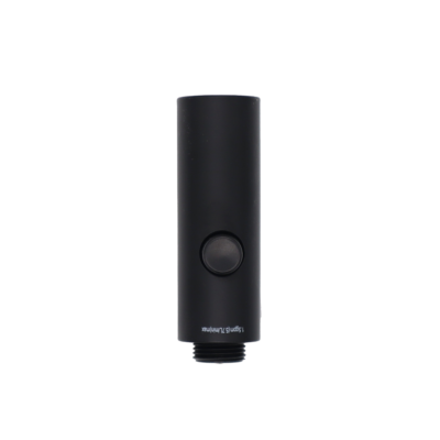 Matte black spray head with black plastic button and hose connection.