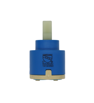Blue plastic cartridge with white square plastic handle connection with tan bottom and blue rubber seal.