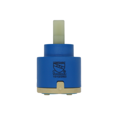 Blue plastic cartridge with white square plastic handle connection with tan bottom and blue rubber seal.