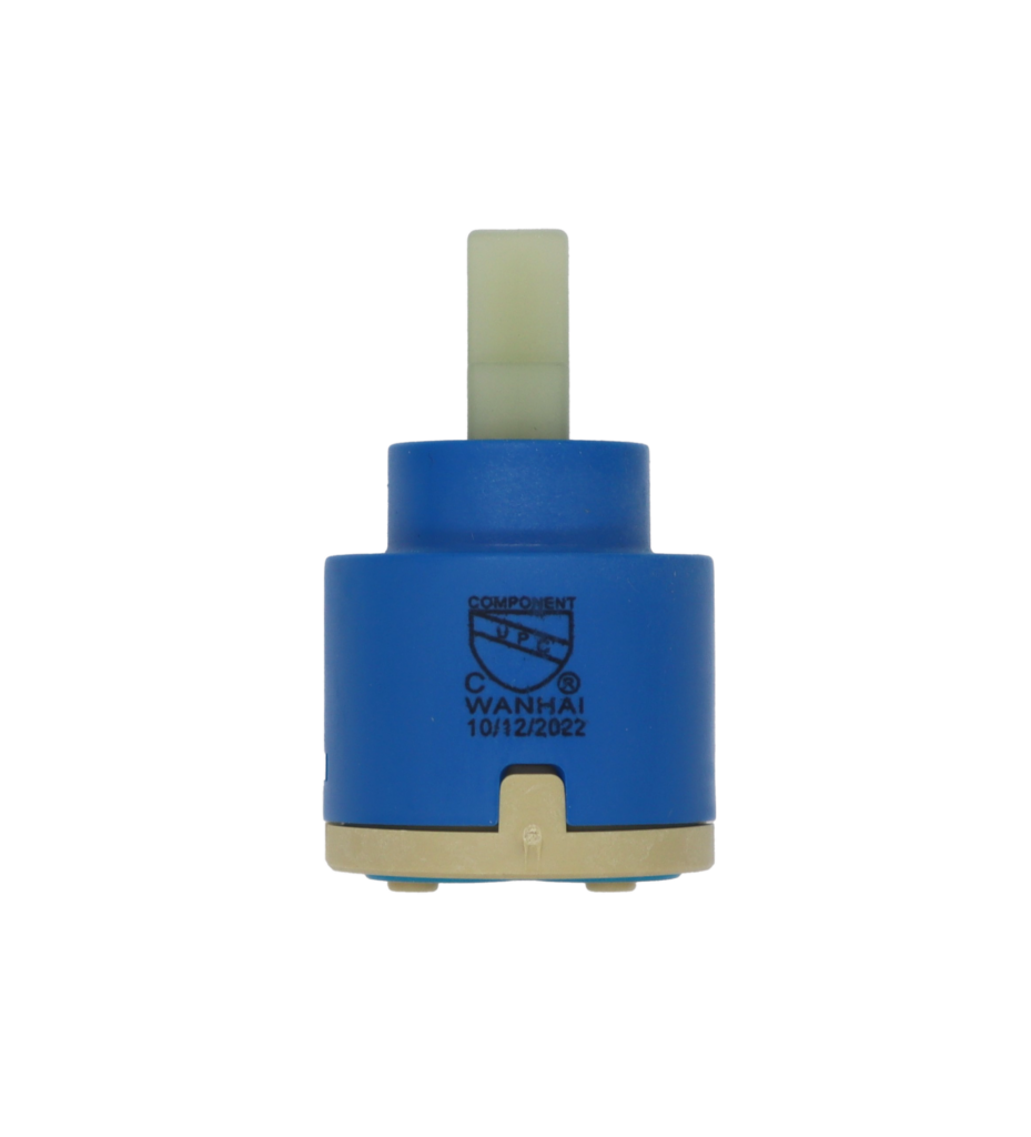 Blue plastic cartridge with white square plastic handle connection with tan bottom and blue rubber seal.