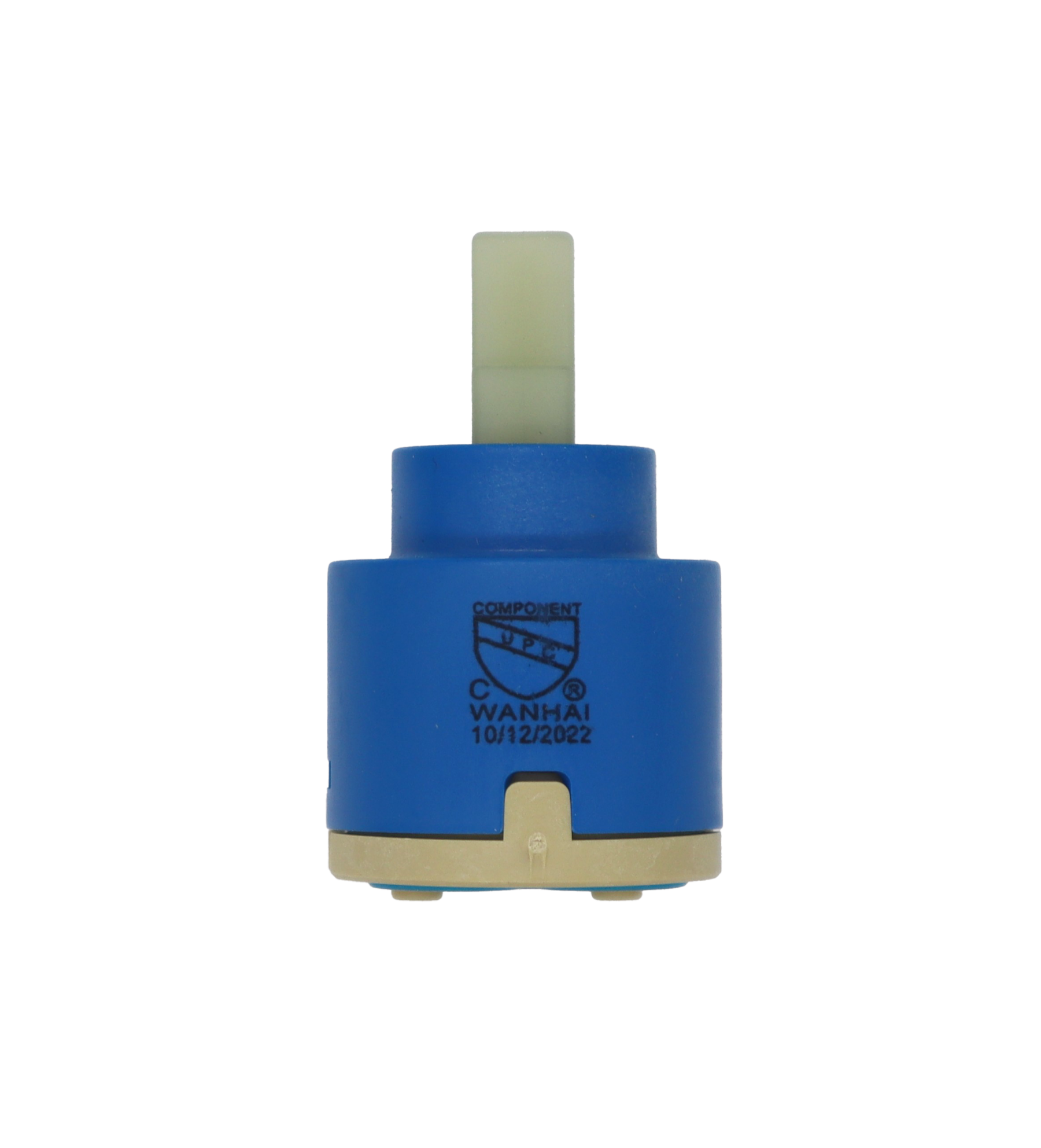 Blue plastic cartridge with white square plastic handle connection with tan bottom and blue rubber seal.