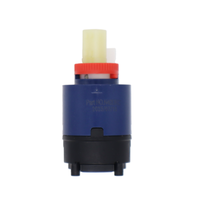 Navy blue and black plastic cartridge with white square handle connection red limit stop and blue seal.