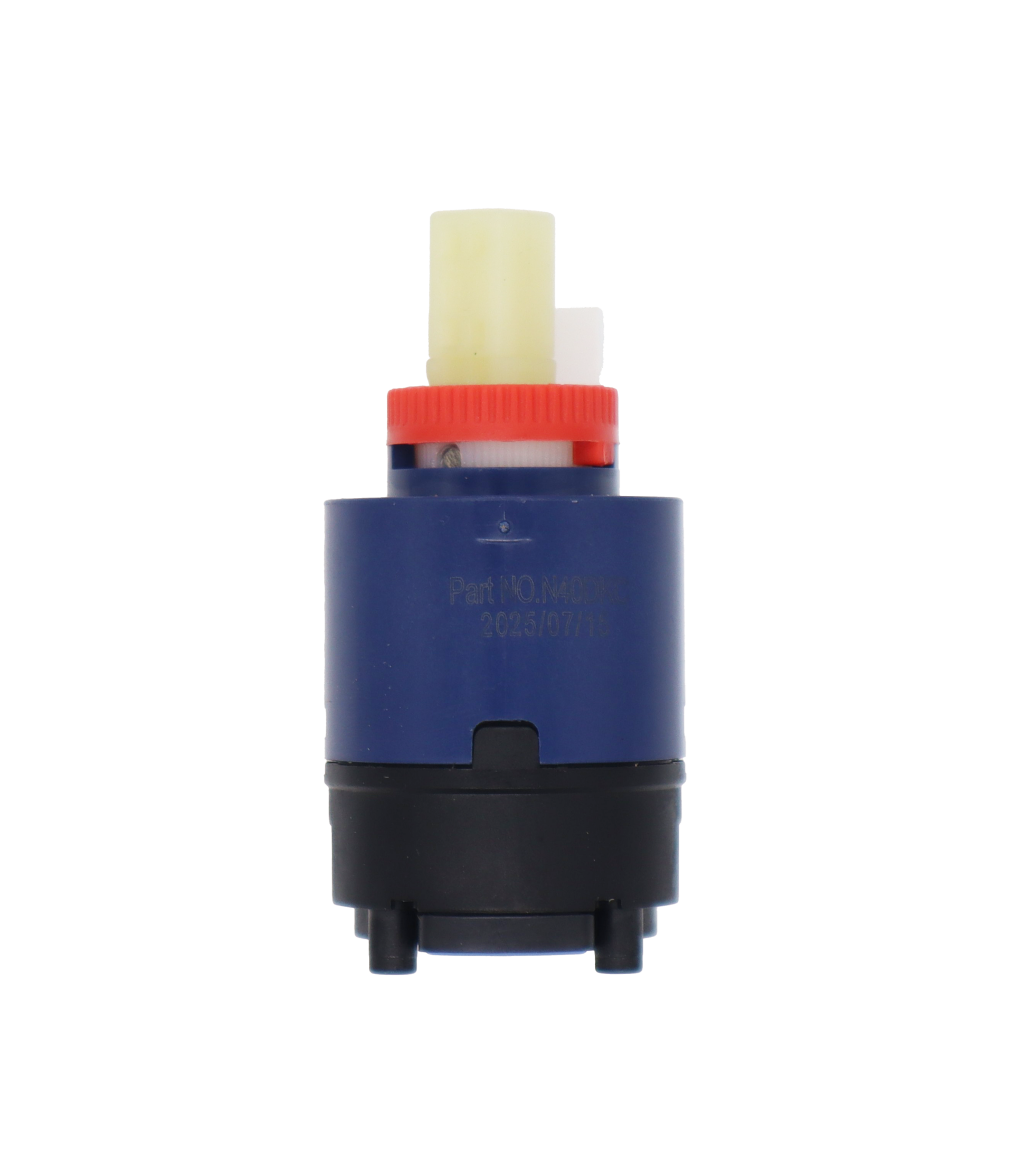 Navy blue and black plastic cartridge with white square handle connection red limit stop and blue seal.
