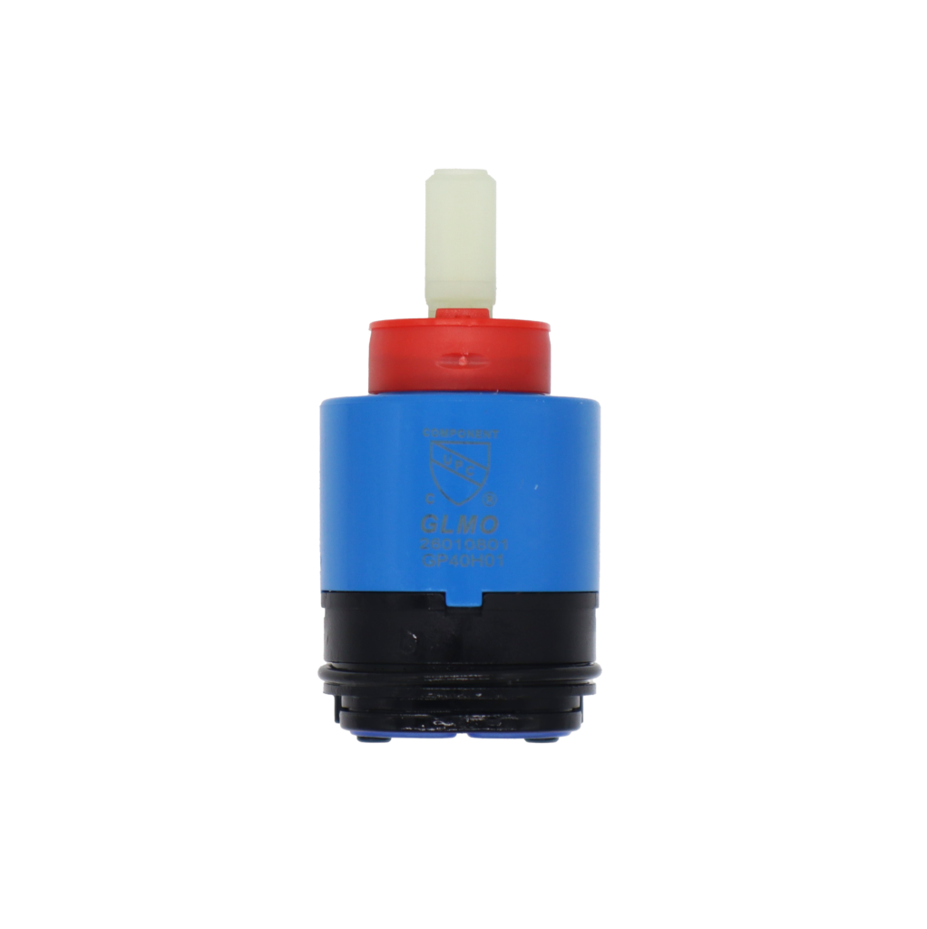Blue and black plastic cartridge with red limit stop square white plastic handle connection with blue rubber seal.