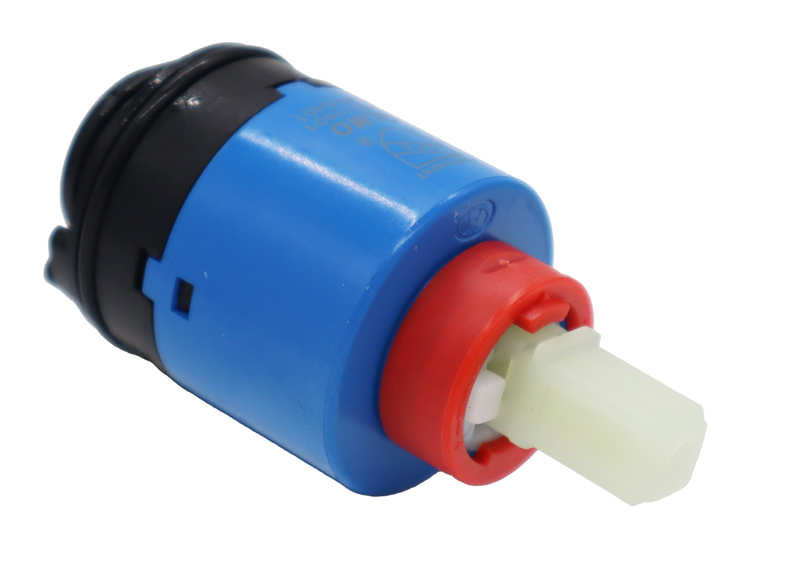 Blue and black plastic cartridge with red limit stop square white plastic handle connection with blue rubber seal.