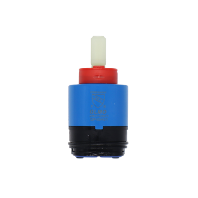 Blue and black plastic cartridge with red limit stop square white plastic handle connection with blue rubber seal.