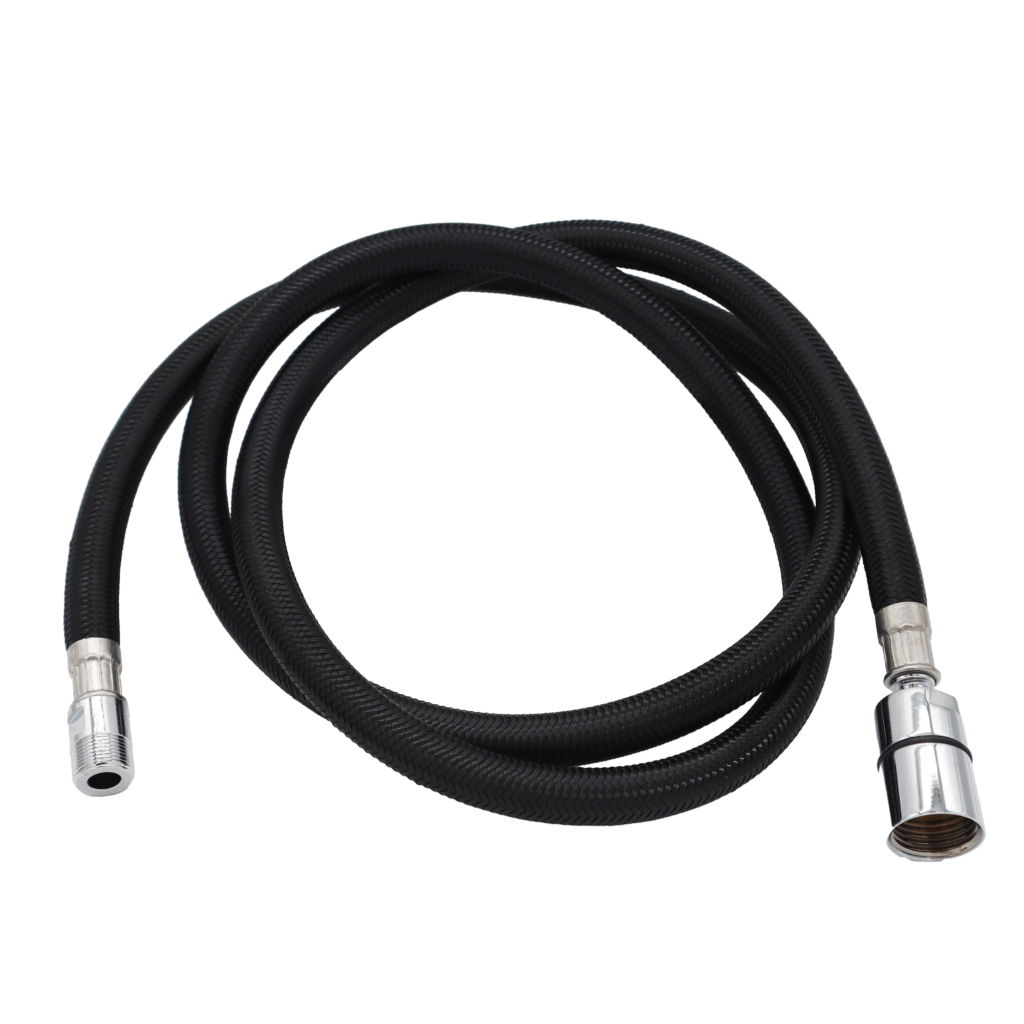 Braided nylon hose with polished chrome faucets and sprayhead connections.