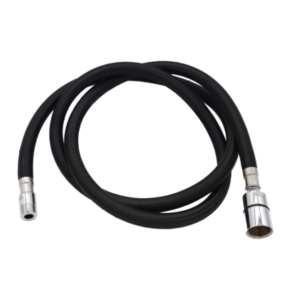 Braided nylon hose with polished chrome faucets and sprayhead connections.